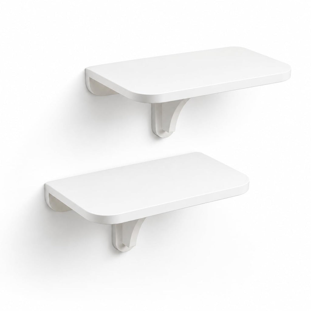 WELLAND White Floating Shelves Set of 2, Small Fold Down Wall Shelf Folding Display Wall Shelves for RV, Camper, Loft, Bedside | White Wooden Board & Metal Frame | 12" W x 5" D x 7" H