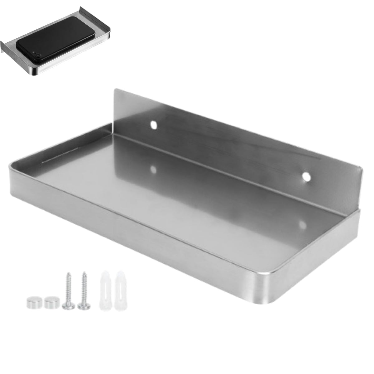 Floating Wall Shelves, Wall Mounted Tray Bathroom Wall Shelf Bathroom Phone Shelf Toilet Mobile Phone Holder Stainless Steel Bathroom Tray Wall Mounted 185x90mm (Black)