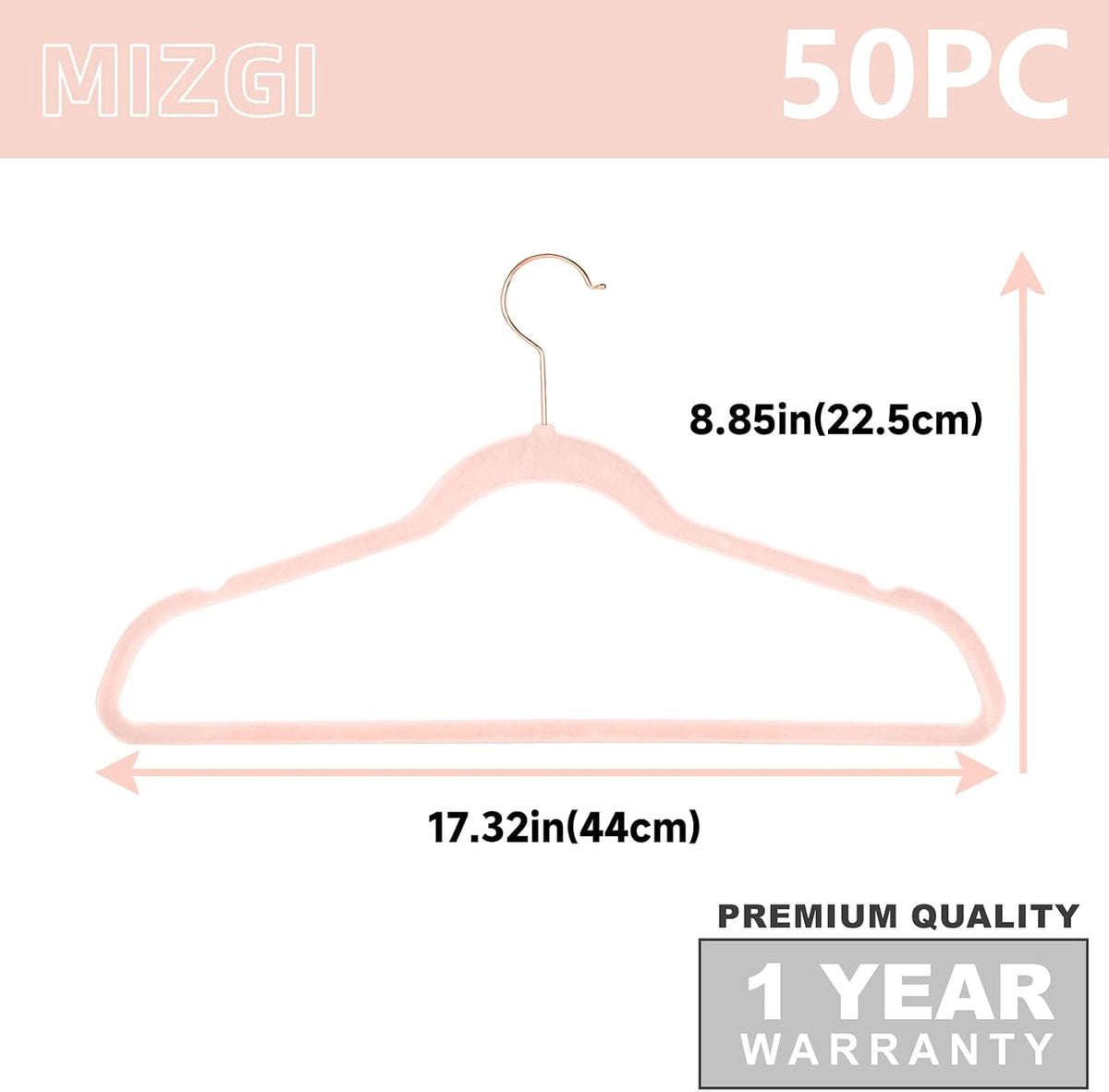 MIZGI Velvet Hangers 50 Pack Non Slip Heavy Duty Blush Pink Rose Gold Hooks