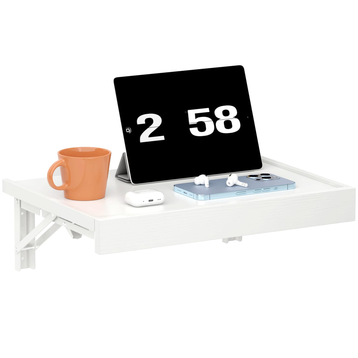 TEAMIX Wall Mounted Folding Bedside Shelf, Black Wood Floating Nightstand Table with Heavy-Duty Brackets, 16.5''x12'' Space Saving Bed Side Tray Storage for Bedroom, Living Room, Dorm (Black, Basic)