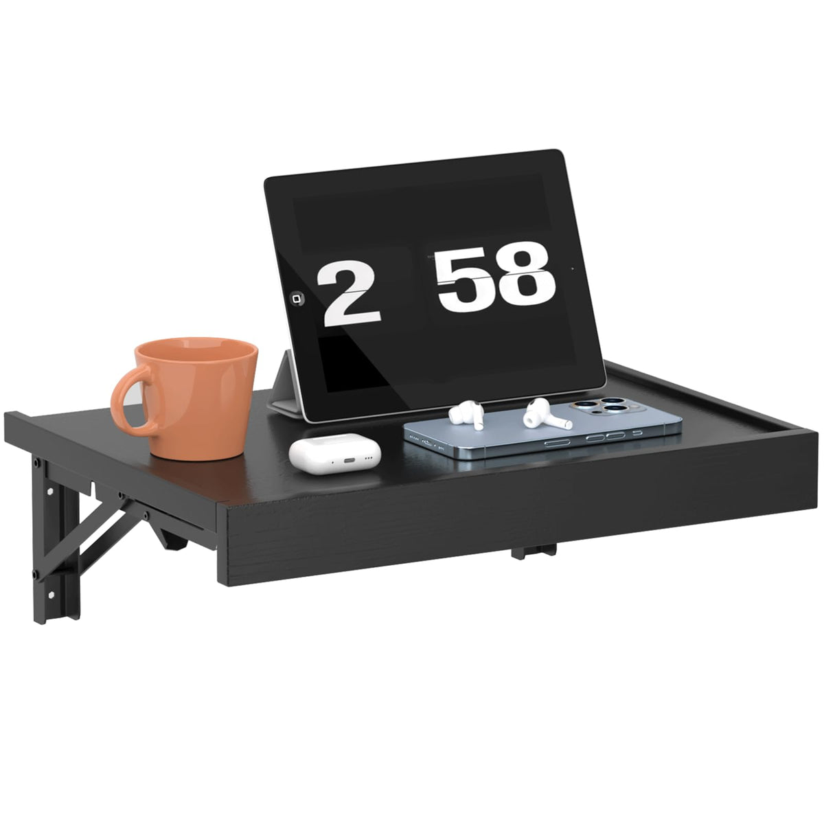 TEAMIX Wall Mounted Folding Bedside Shelf, Black Wood Floating Nightstand Table with Heavy-Duty Brackets, 16.5''x12'' Space Saving Bed Side Tray Storage for Bedroom, Living Room, Dorm (Black, Basic)
