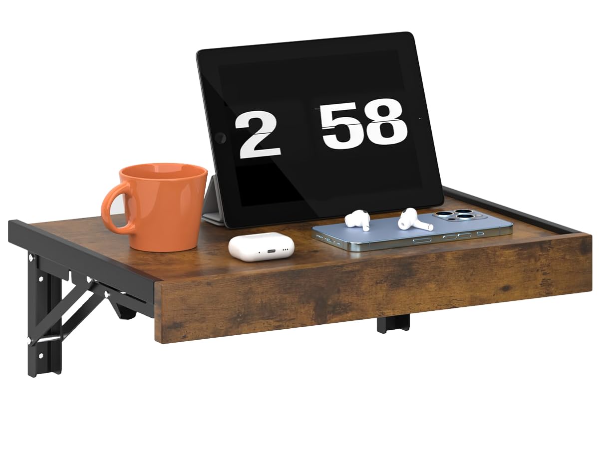 TEAMIX Wall Mounted Folding Bedside Shelf, Black Wood Floating Nightstand Table with Heavy-Duty Brackets, 16.5''x12'' Space Saving Bed Side Tray Storage for Bedroom, Living Room, Dorm (Black, Basic)