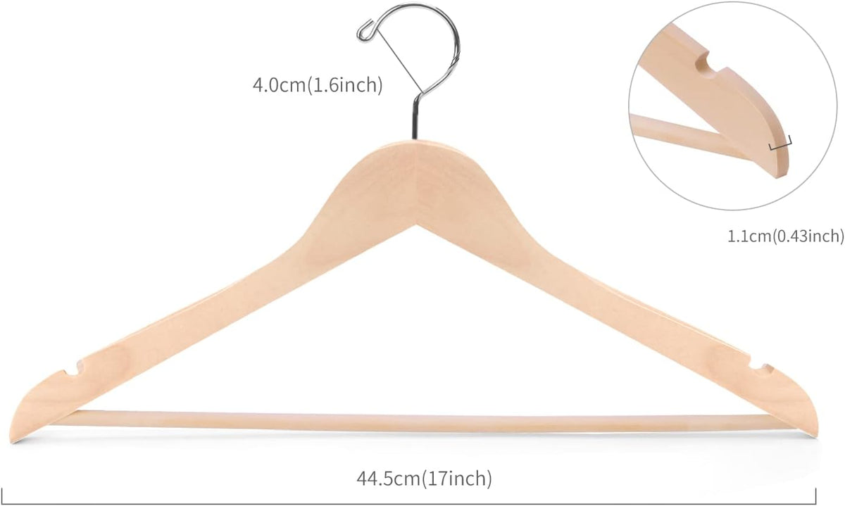 Nature Smile 20 Pack Unfinished Natural Solid Wooden Clothes Hangers Wood Suit Coat Jacket Hanger with Extra Smoothly Cut Notches and Bar - 360°Stronger Rotatable Hook