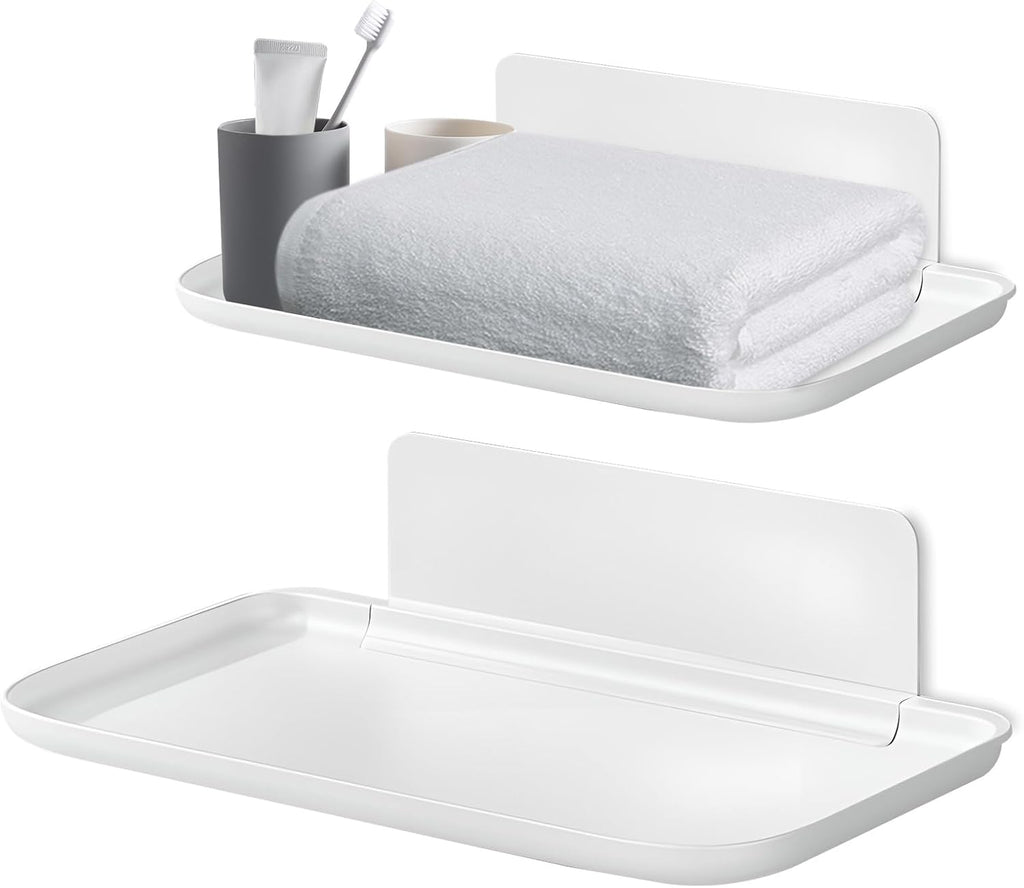 2 Pack White PP Folding Wall Shelf, 6.8" x 4.3" & 11" x 6.3" Foldable Adhesive Shelves, Small Fold-Down Wall Storage Tray for Bathroom Toilet Kitchen Phone Towel