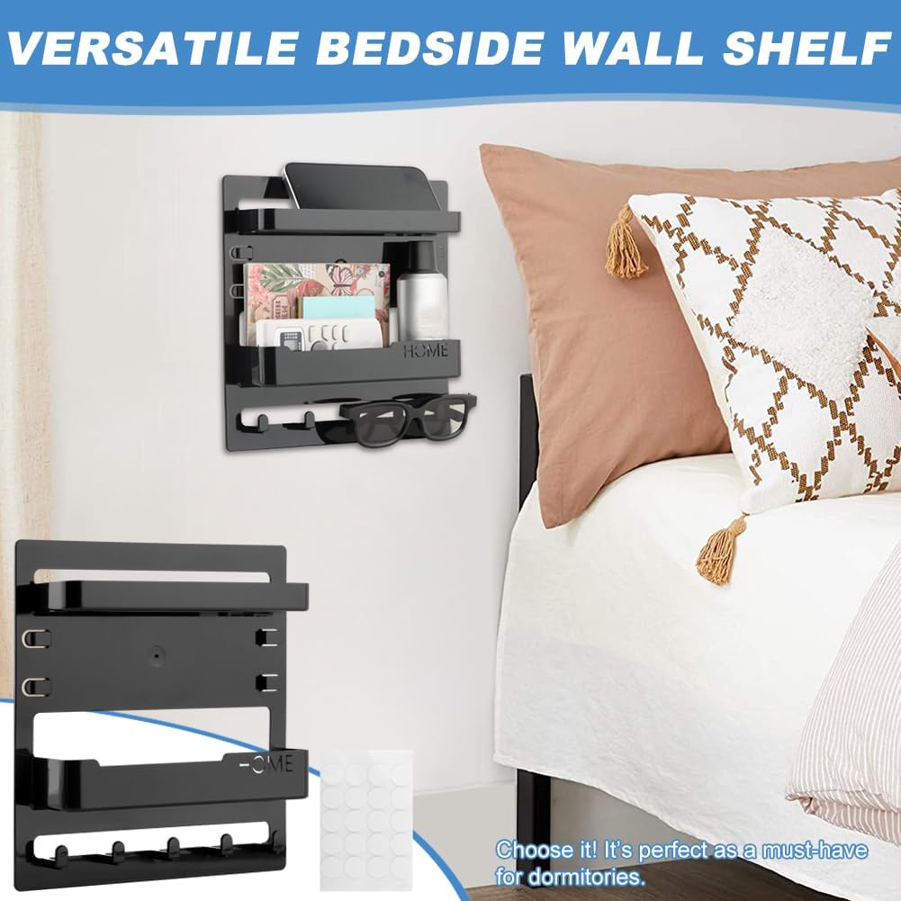 Bedside Wall Shelf, Adhesive Floating Shelves Dorm Decor with 5 Hooks