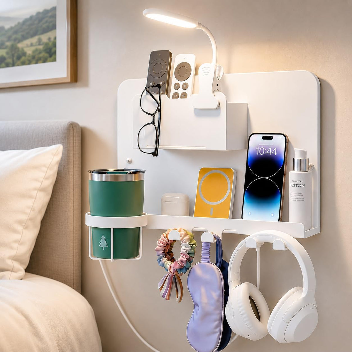Floating Bedside Wall Shelf, Metal Bedside Wall Organizer with Detachable Cup Holder, No Drill Wall Mounted Storage for Bedroom, Dorm, Loft Bed, Bunk Bed & Small Space Organization