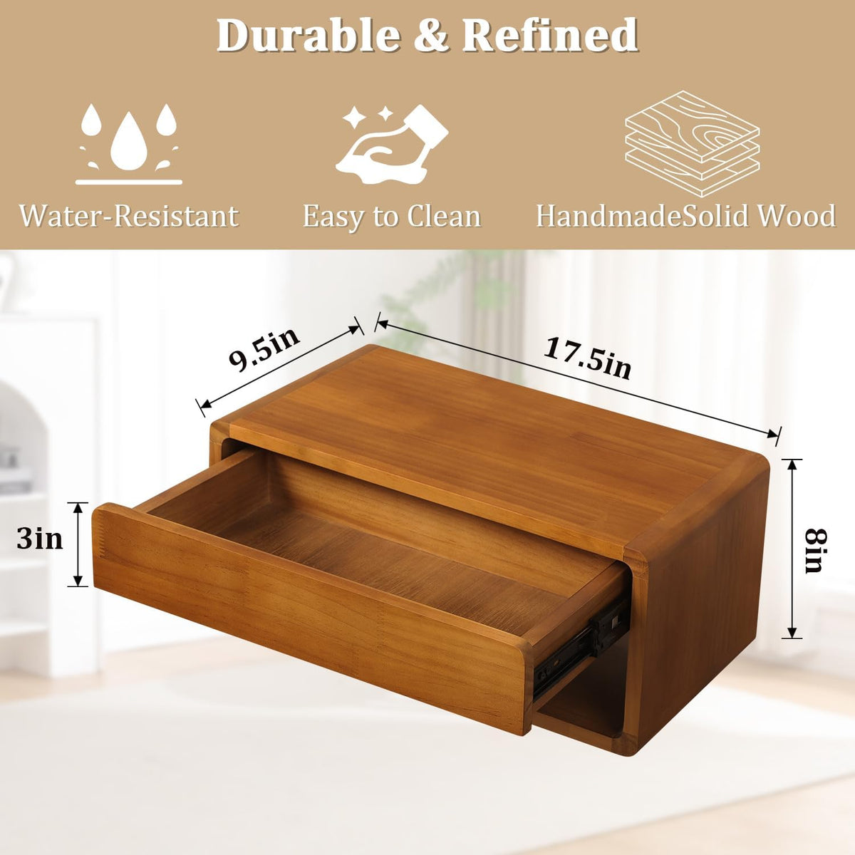 Floating Nightstand Wall Mounted Bedside Shelf Handmade Bedroom Furniture,Pine Wood Floating Bedside Table, Minimalist and Unique Style 17.5”x 9.5”x 8” Brown