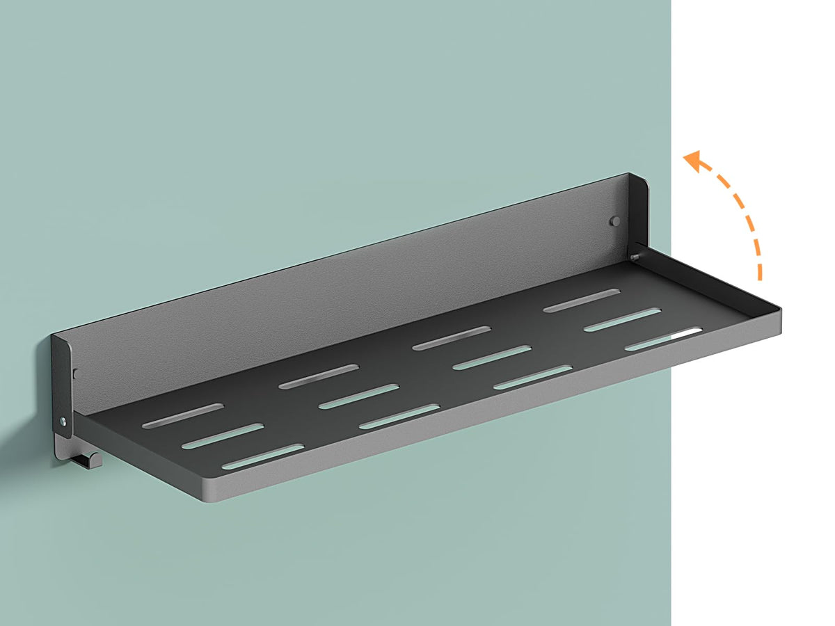 Small Folding Metal Shelf with Hooks, RV Fold-Down Wall Shelf, 6 Hooks, Drop Down Floating Shelf for Laundry Room, Kitchen, Bedside, Toilet Room, Bathroom, Utility, Black（11.8", 1 Pack）