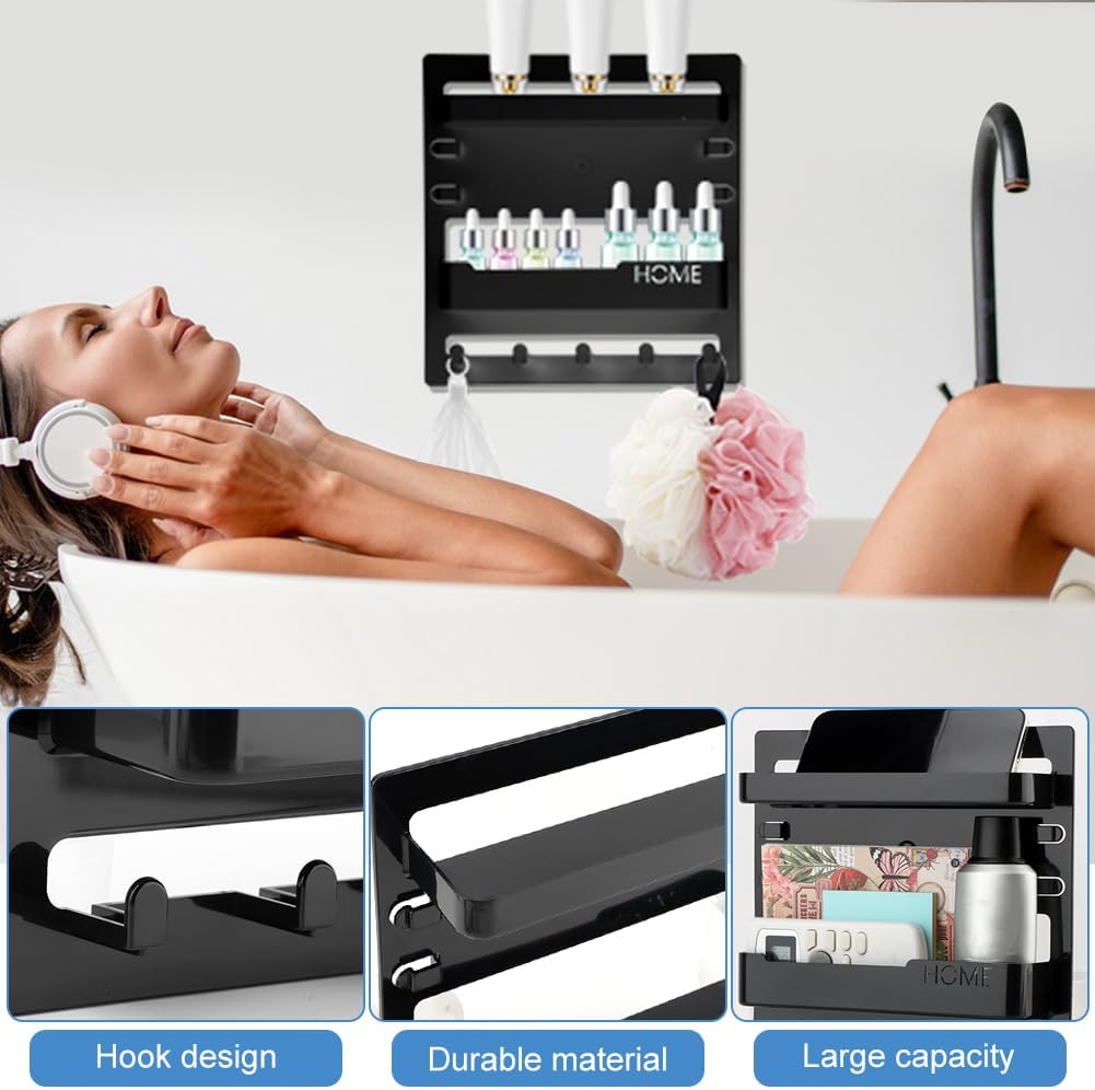 Bedside Wall Shelf, Adhesive Floating Shelves Dorm Decor with 5 Hooks