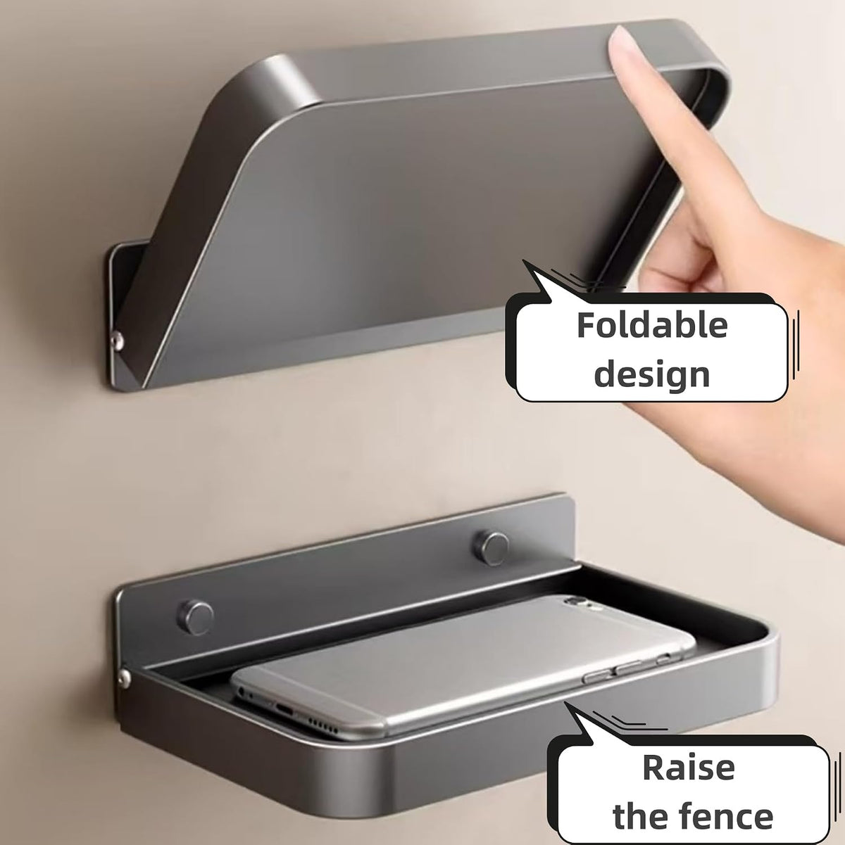 Bathroom wall-Mounted Tray, Small Aluminum Foldable Bracket, Storage Rack for Small Items, Suitable for Toilets, Bedside, and washbasins (Black)