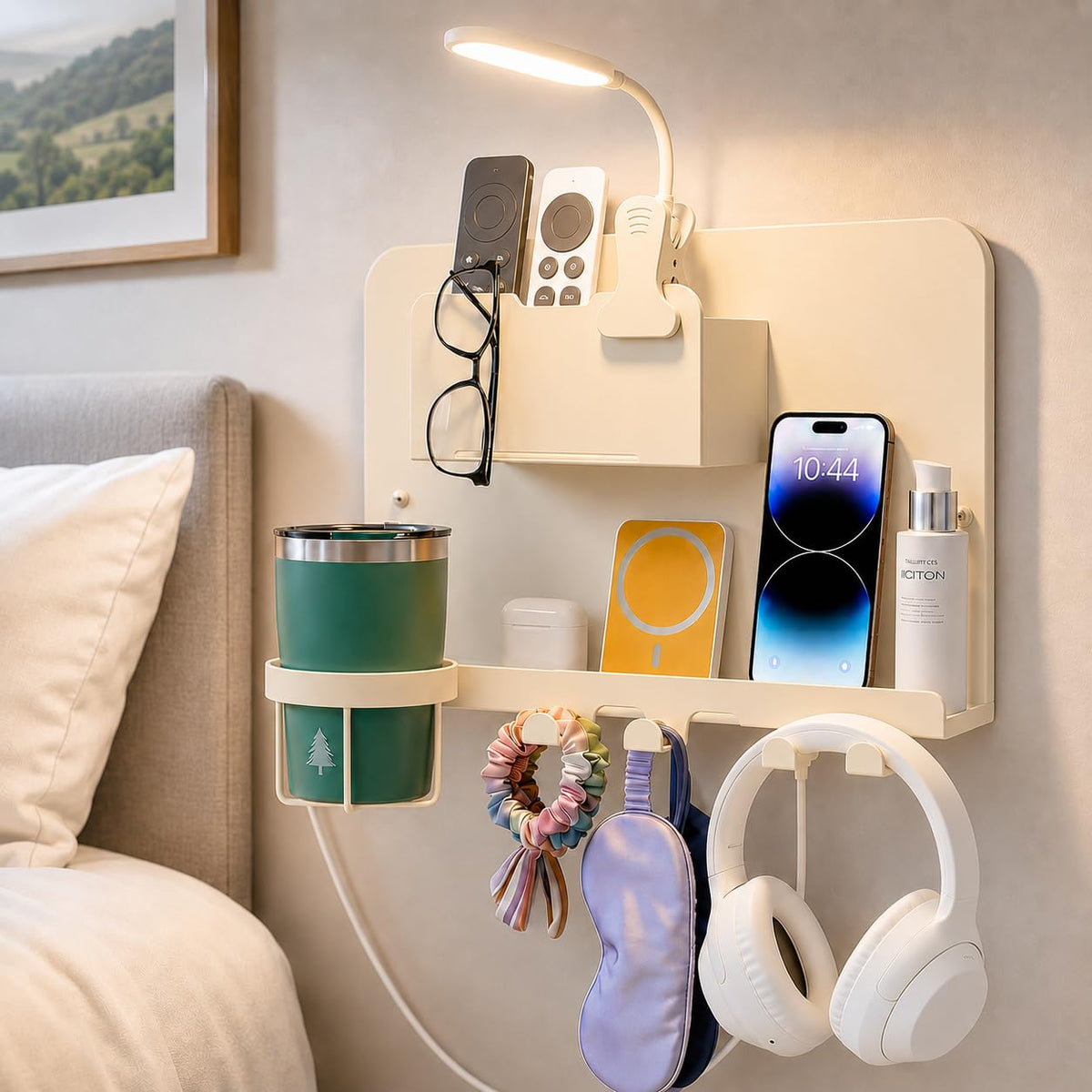 Floating Bedside Wall Shelf, Metal Wall Organizer with Detachable Cup Holde