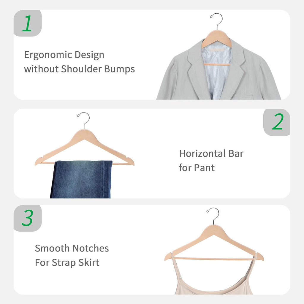 Nature Smile 20 Pack Unfinished Natural Solid Wooden Clothes Hangers Wood Suit Coat Jacket Hanger with Extra Smoothly Cut Notches and Bar - 360°Stronger Rotatable Hook