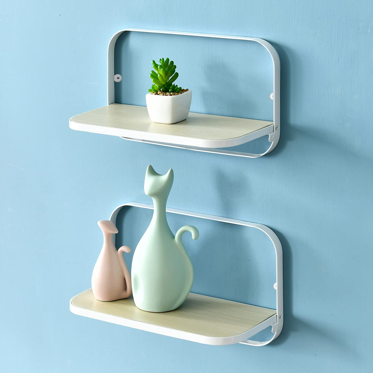 WELLAND White Floating Shelves Set of 2, Small Fold Down Wall Shelf Folding Display Wall Shelves for RV, Camper, Loft, Bedside | White Wooden Board & Metal Frame | 12" W x 5" D x 7" H