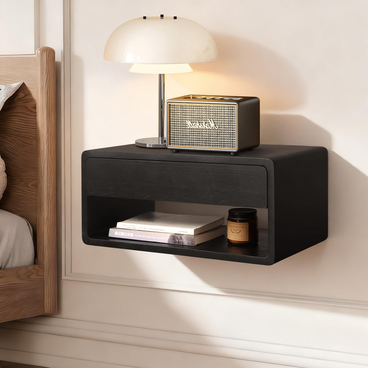 Floating Nightstand Wall Mounted Bedside Shelf Handmade Bedroom Furniture,Pine Wood Floating Bedside Table, Minimalist and Unique Style 17.5”x 9.5”x 8” Brown
