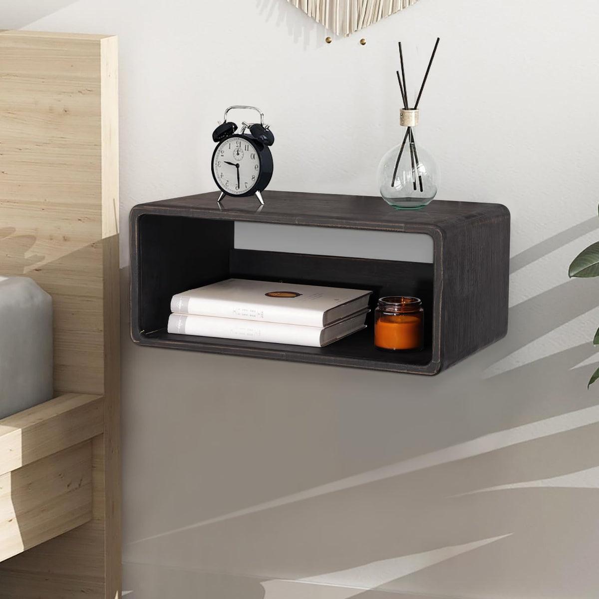 Floating Nightstand, Wall Mounted Bedside Shelf, Handmade Bedroom Furniture,Pine Wood Floating Bedside Table, Minimalist and Unique Style 18”x 10”x 7.5” Brown