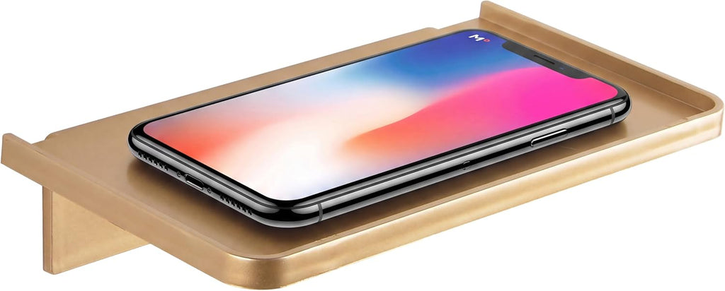 Acrylic Floating Shelf, No Drill Adhesive Wall Shelf, Small Wall Mounted Phone Shelf Holder, Stick-on Wipes Rack Smart Speaker Shelf, Expand Wall Space for Living Room, Office, Bathroom, Gold