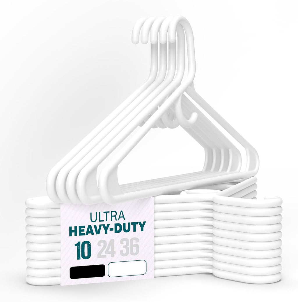 Ultra Heavy Duty Plastic Clothes Hangers – White Strong Durable Coat & Suit Hangers – Thick Plastic Closet Organizer Hangers (White, 10)