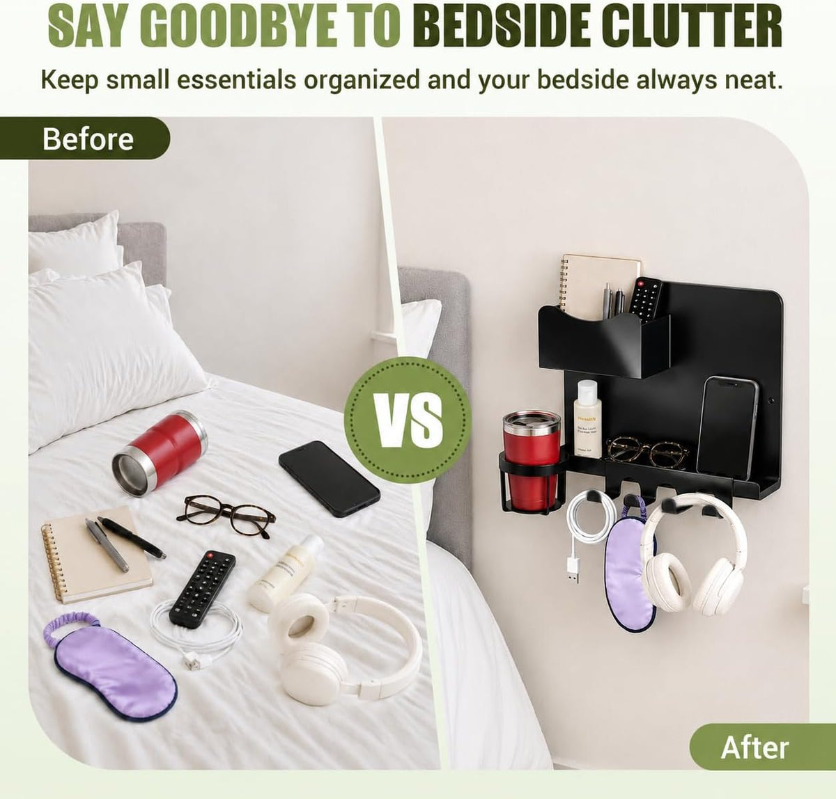 Floating Bedside Wall Shelf, Metal Wall Organizer with Detachable Cup Holde