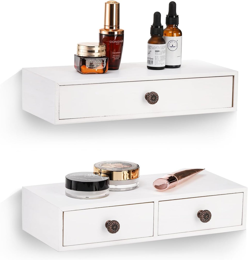 Yesland 2 Packs Space-Saving Floating Nightstand with Drawer - Perfect for Small Spaces - Supports 11 lbs - Compact Wall Mount Rustic Wood Floating Drawers - White