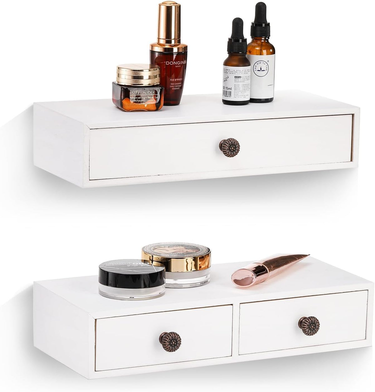 Yesland 2 Packs Space-Saving Floating Nightstand with Drawer - Perfect for Small Spaces - Supports 11 lbs - Compact Wall Mount Rustic Wood Floating Drawers - White