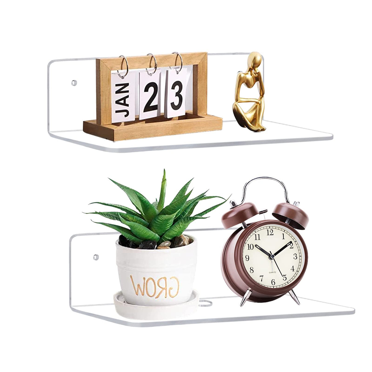 9 Inch Clear Acrylic Floating Shelf, No Drill Adhesive Wall Shelf Set of 2 for Storage, Floating Shelves Damage-Free Expand Wall Space for Living Room, Office, Gaming Room, Bathroom