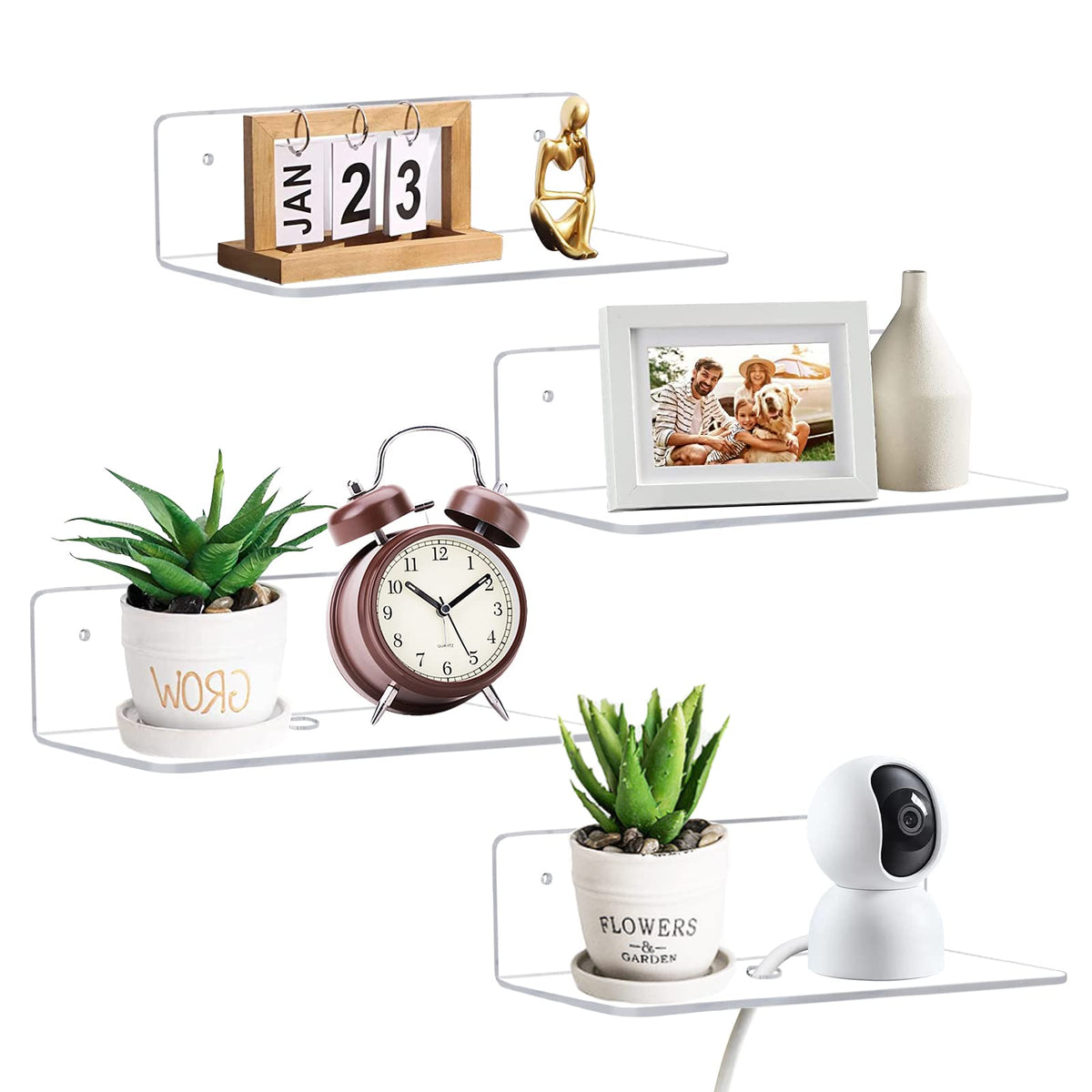 9 Inch Clear Acrylic Floating Shelf, No Drill Adhesive Wall Shelf Set of 2 for Storage, Floating Shelves Damage-Free Expand Wall Space for Living Room, Office, Gaming Room, Bathroom