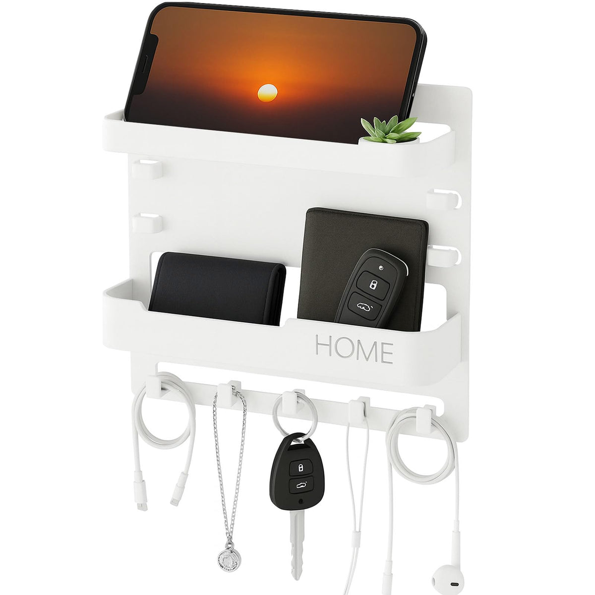 Adhesive Bedside Wall Shelf Organizer with 5 Hooks and Cable Clips, Plastic Wall Storage Holder for Phone, Remote Control, Earphone, Kindle, Keys – Bedroom, Dorm, RV (Black)