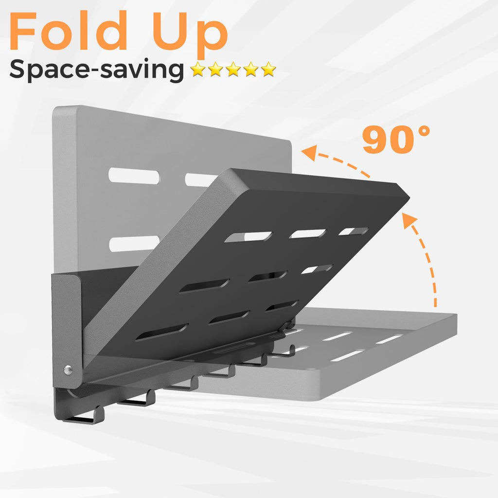 Small Folding Metal Shelf with Hooks, RV Fold-Down Wall Shelf, 6 Hooks, Drop Down Floating Shelf for Laundry Room, Kitchen, Bedside, Toilet Room, Bathroom, Utility, Black（11.8", 1 Pack）
