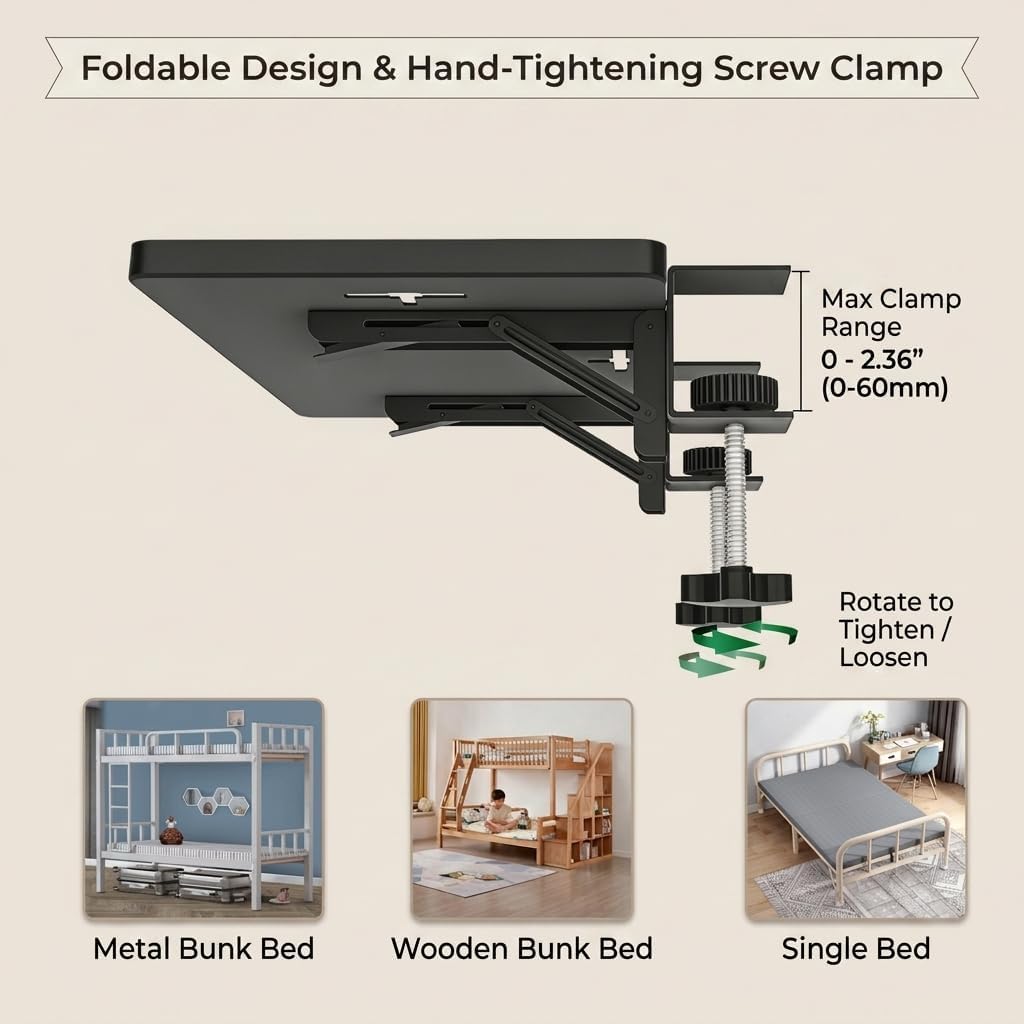 Foldable Bedside Shelf, Clamp-On Floating Tray for Bunk & Standard Beds