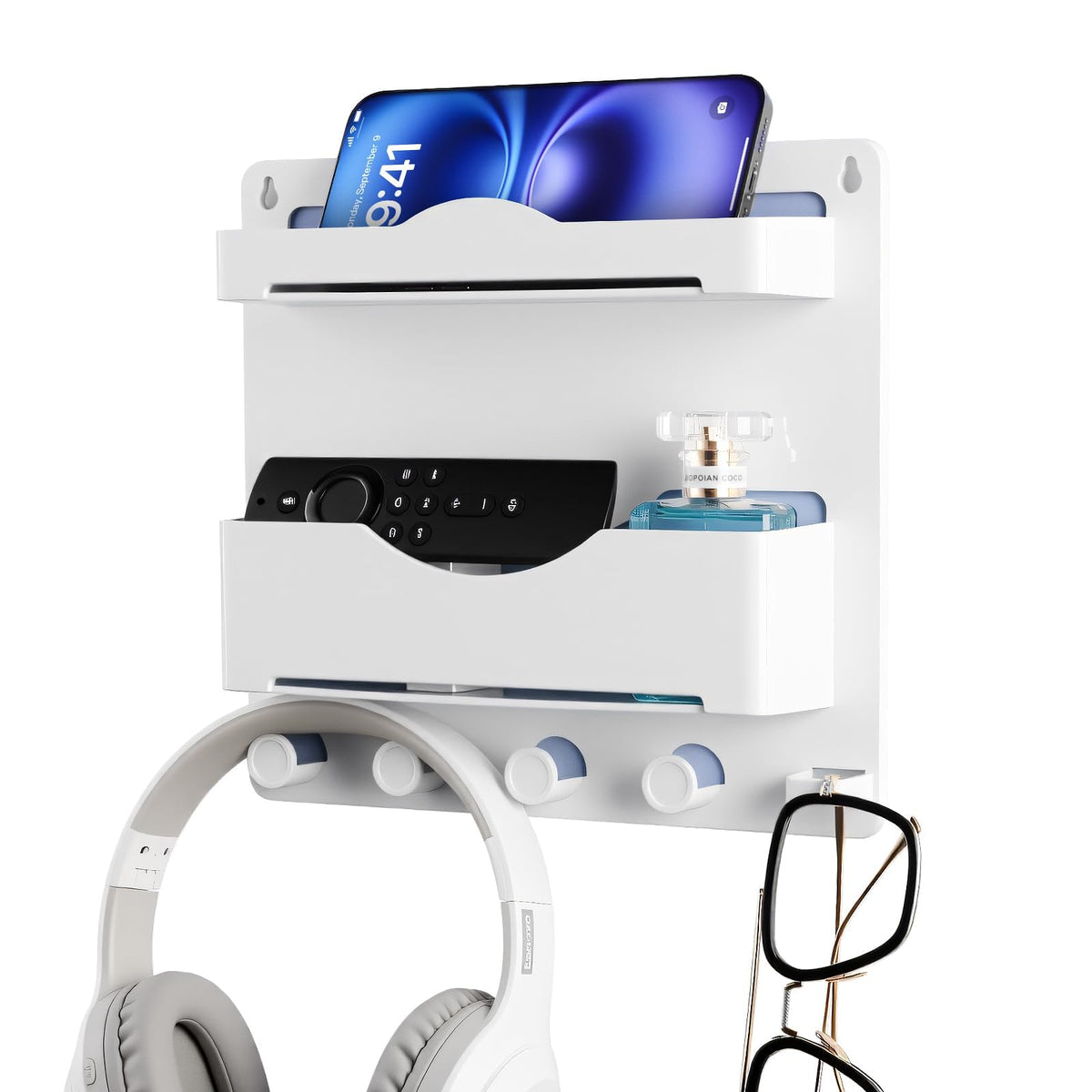 Bedside Wall Shelf with Glasses Hooks, Adhesive Bedside Organizer Wall Mount for Dorm and Room Accessories Phone，Remote，Earphone， Kindle (White)