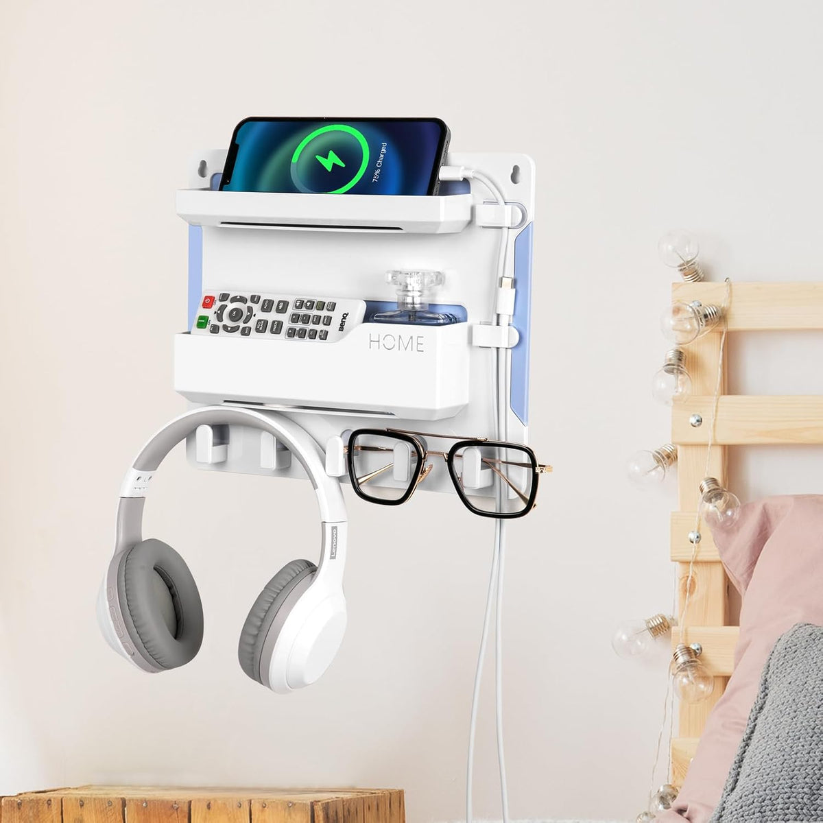 YONGAIJIA Bedside Shelf Wall Mount with Hooks, Cable Clips, No-Drill, White