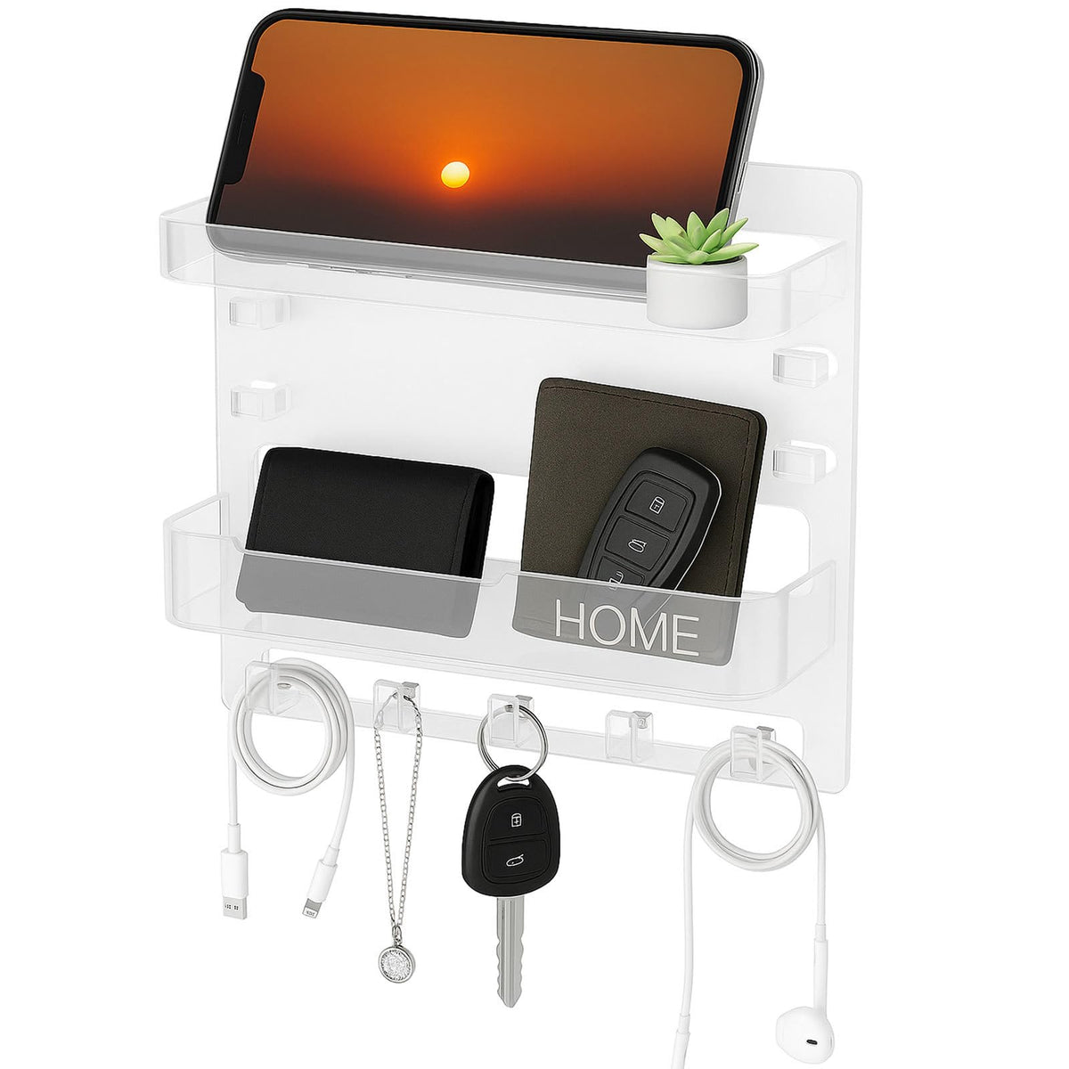 Adhesive Bedside Wall Shelf Organizer with 5 Hooks and Cable Clips, Plastic Wall Storage Holder for Phone, Remote Control, Earphone, Kindle, Keys – Bedroom, Dorm, RV (Black)