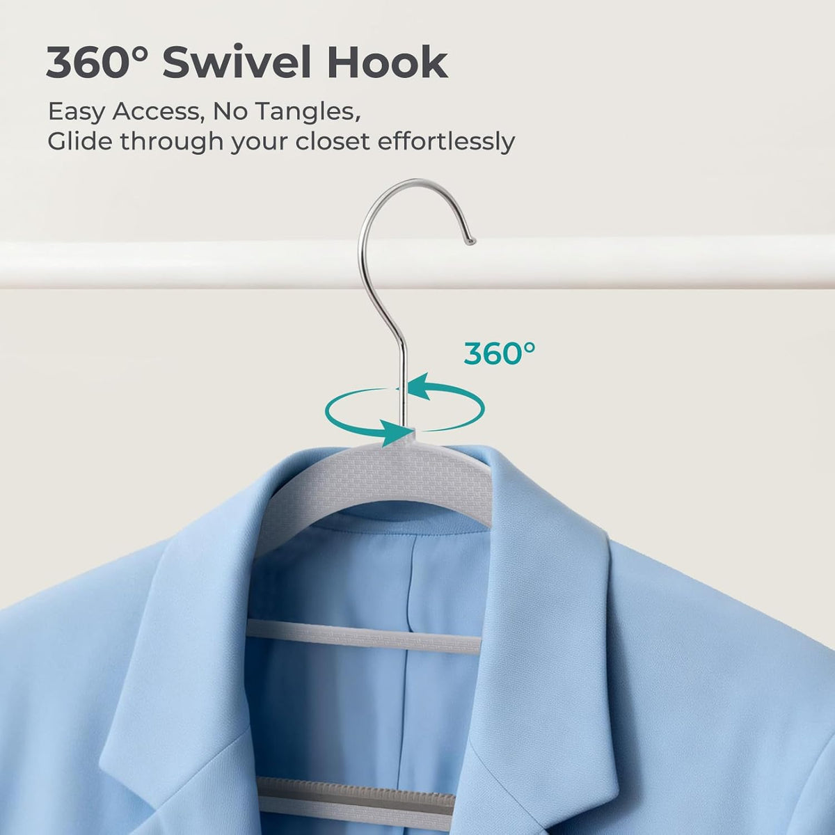 HOUSE DAY Plastic Hangers 50 Pack, Grey Plastic Clothes Hangers Non Slip with Rubber Grip, Heavy Duty Hanger with 360° Swivel Metal Hook, Ultra Thin Hangers Space Saving for Closet Organizer