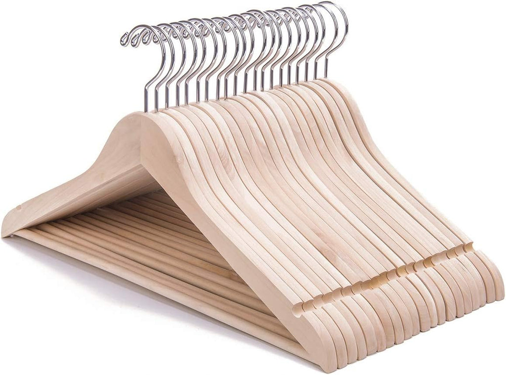 Nature Smile 20 Pack Unfinished Natural Solid Wooden Clothes Hangers Wood Suit Coat Jacket Hanger with Extra Smoothly Cut Notches and Bar - 360°Stronger Rotatable Hook