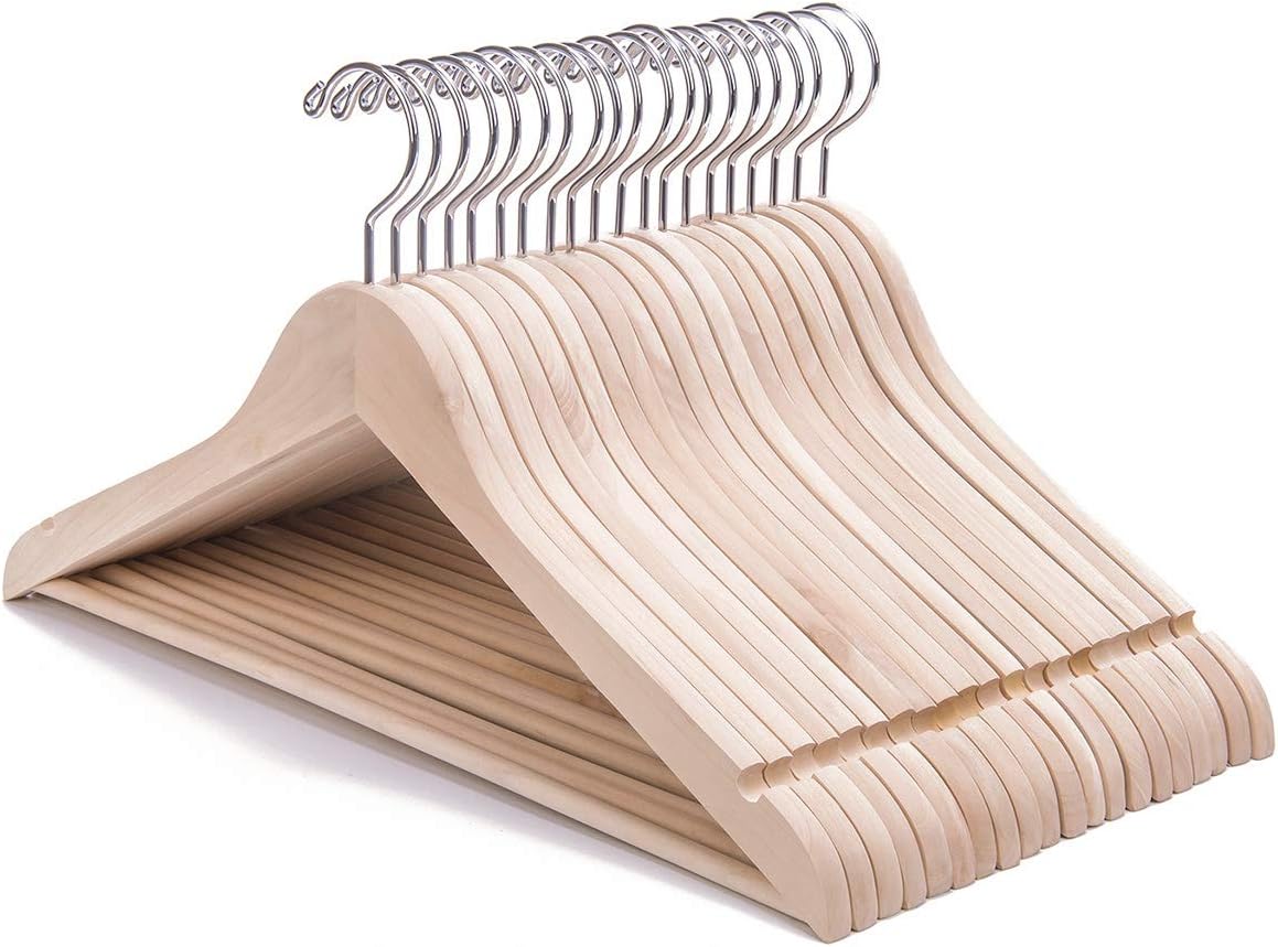 Nature Smile 20 Pack Unfinished Natural Solid Wooden Clothes Hangers Wood Suit Coat Jacket Hanger with Extra Smoothly Cut Notches and Bar - 360°Stronger Rotatable Hook