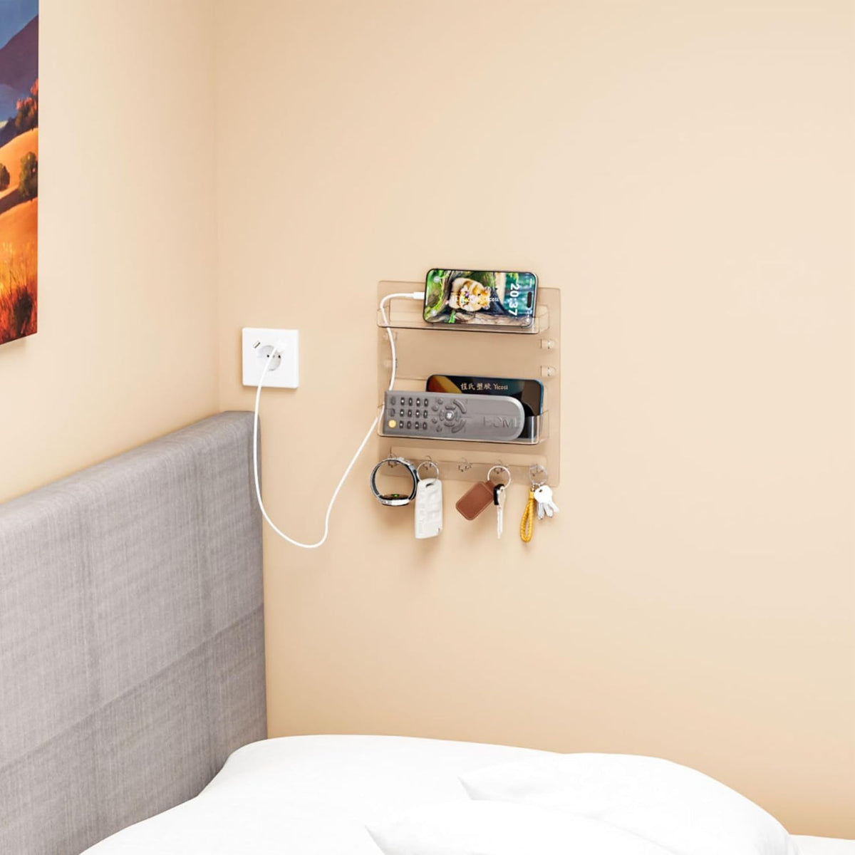 Yieach Bedside Shelf for Dorm Bed,Rv,Small Room and Nightstand,Wall Mounted Floating Shelves and Bedside Wall Organizer for Remote,Phone Holder,Charging Shelf,Cute Bedroom Decor for College Girl,Clear