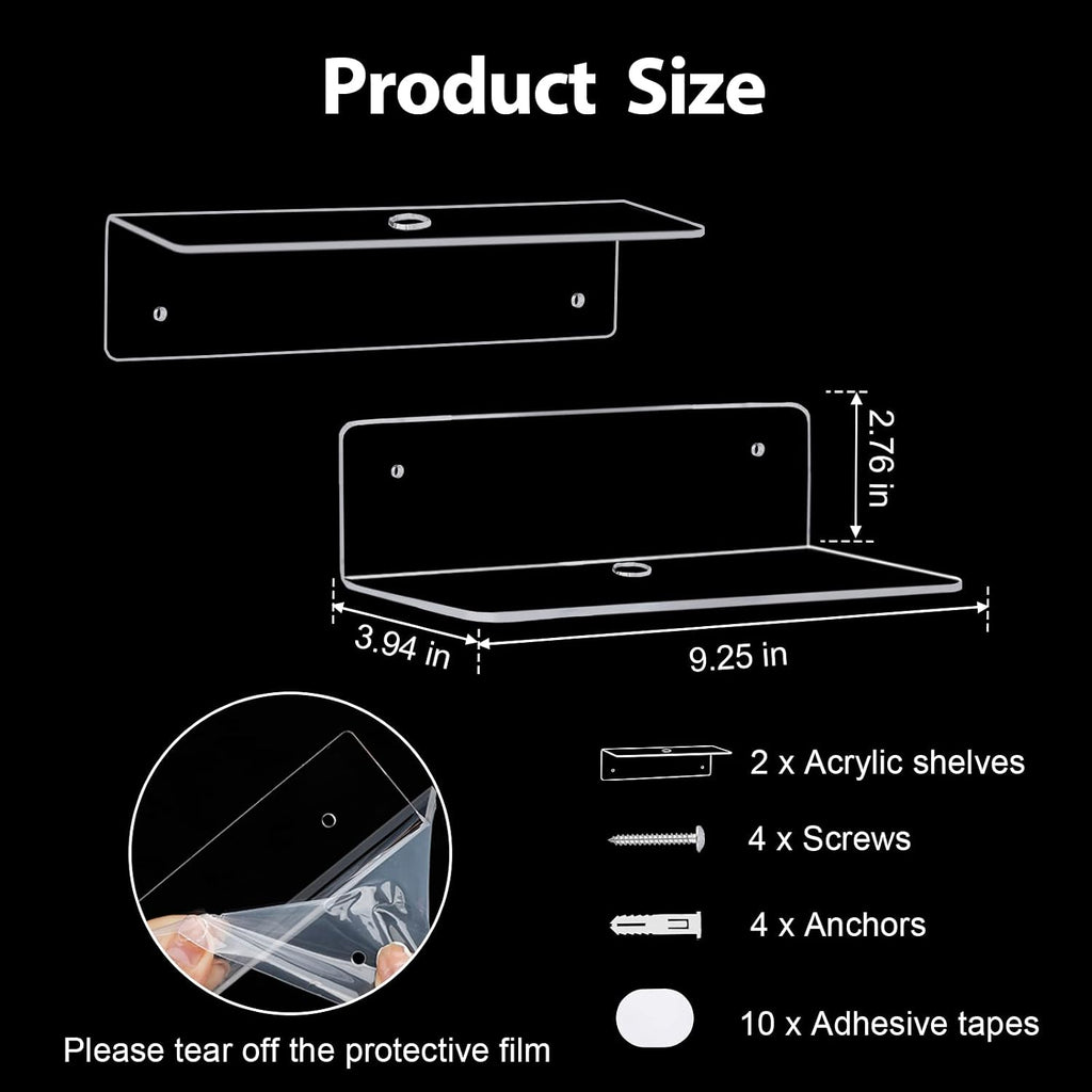 9 Inch Clear Acrylic Floating Shelf, No Drill Adhesive Wall Shelf Set of 2 for Storage, Floating Shelves Damage-Free Expand Wall Space for Living Room, Office, Gaming Room, Bathroom