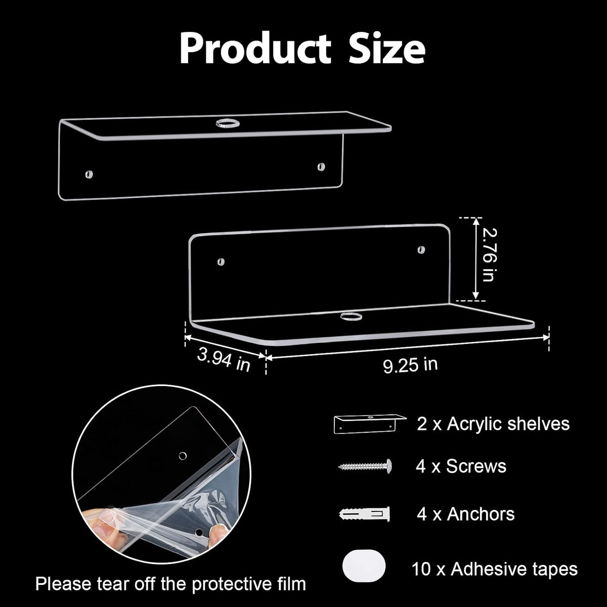 9 Inch Clear Acrylic Floating Shelf, No Drill Adhesive Wall Shelf Set of 2 for Storage, Floating Shelves Damage-Free Expand Wall Space for Living Room, Office, Gaming Room, Bathroom