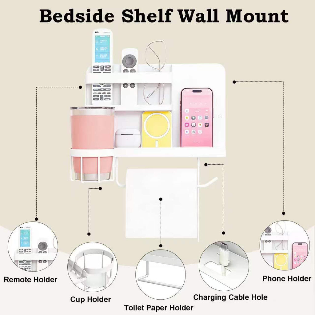 Bedside Wall Organizer, Floating Bedside Shelf Wall Mount for Phone Glasses