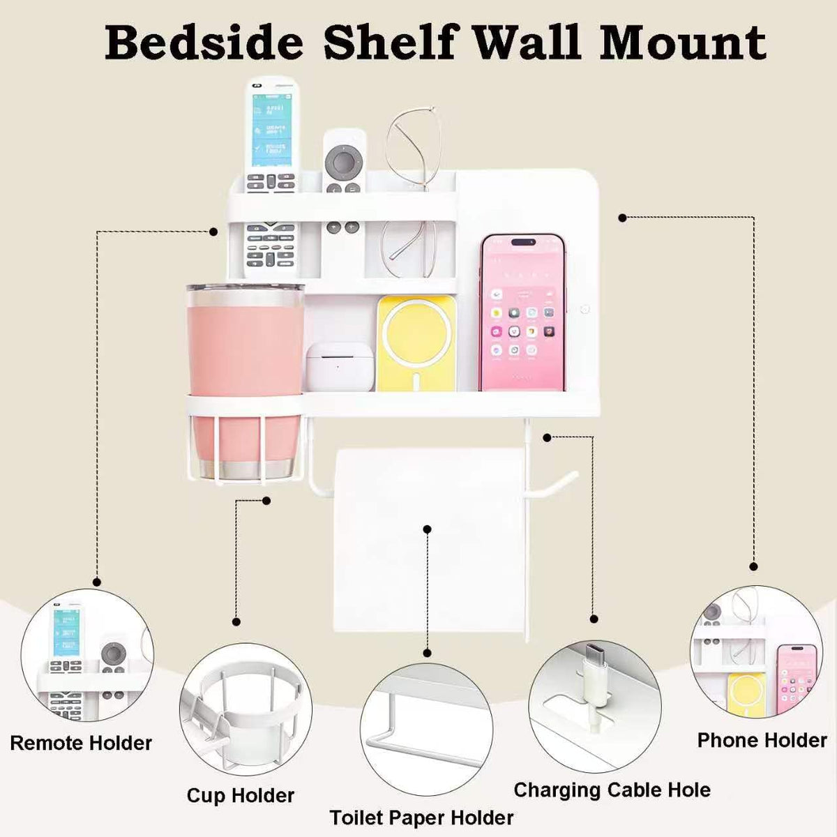 Bedside Wall Organizer, Floating Bedside Shelf Wall Mount for Phone Glasses