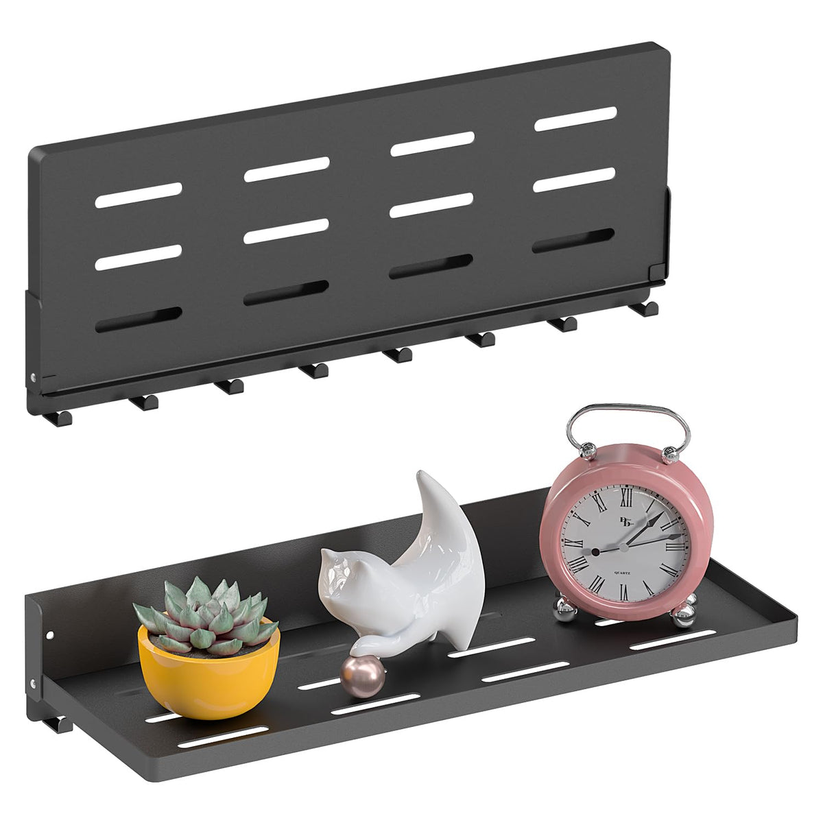 Small Folding Metal Shelf with Hooks, RV Fold-Down Wall Shelf, 6 Hooks, Drop Down Floating Shelf for Laundry Room, Kitchen, Bedside, Toilet Room, Bathroom, Utility, Black（11.8", 1 Pack）