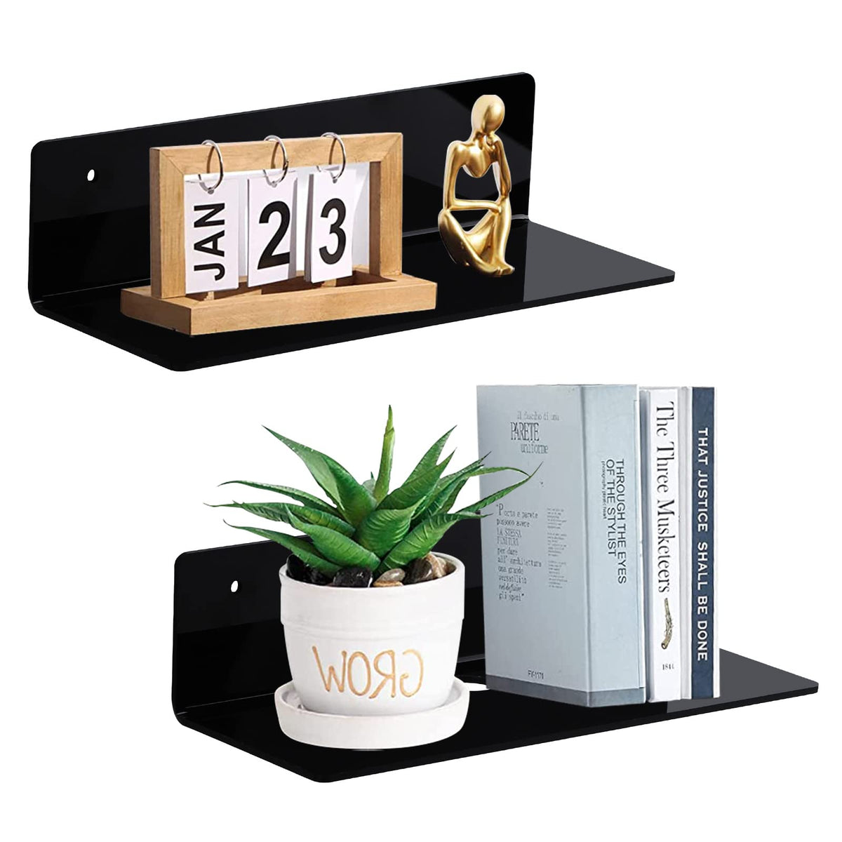 9 Inch Clear Acrylic Floating Shelf, No Drill Adhesive Wall Shelf Set of 2 for Storage, Floating Shelves Damage-Free Expand Wall Space for Living Room, Office, Gaming Room, Bathroom