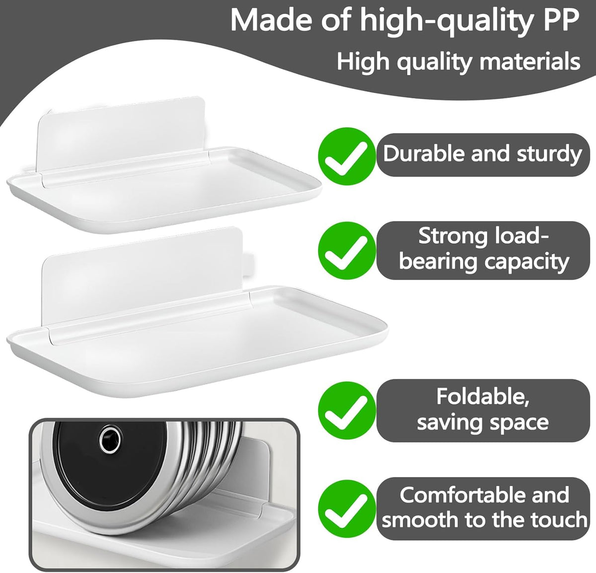 2 Pack White PP Folding Wall Shelf, 6.8" x 4.3" & 11" x 6.3" Foldable Adhesive Shelves, Small Fold-Down Wall Storage Tray for Bathroom Toilet Kitchen Phone Towel