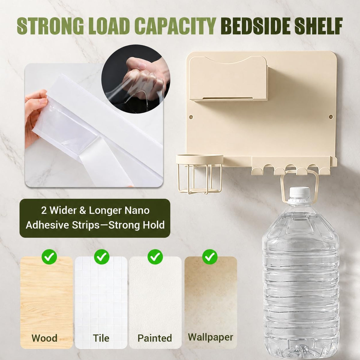 Floating Bedside Wall Shelf, Metal Wall Organizer with Detachable Cup Holde