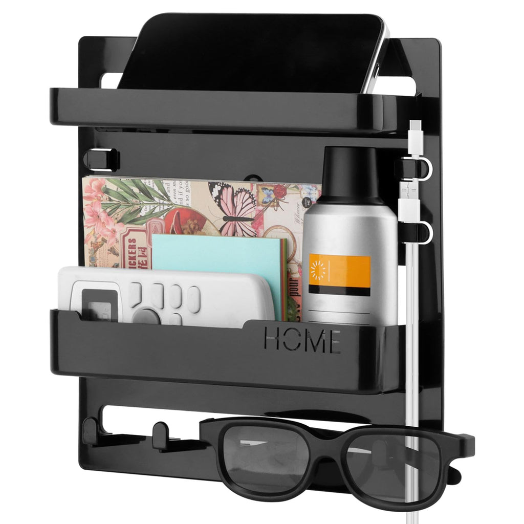 Bedside Wall Shelf, Adhesive Floating Shelves Dorm Decor with 5 Hooks