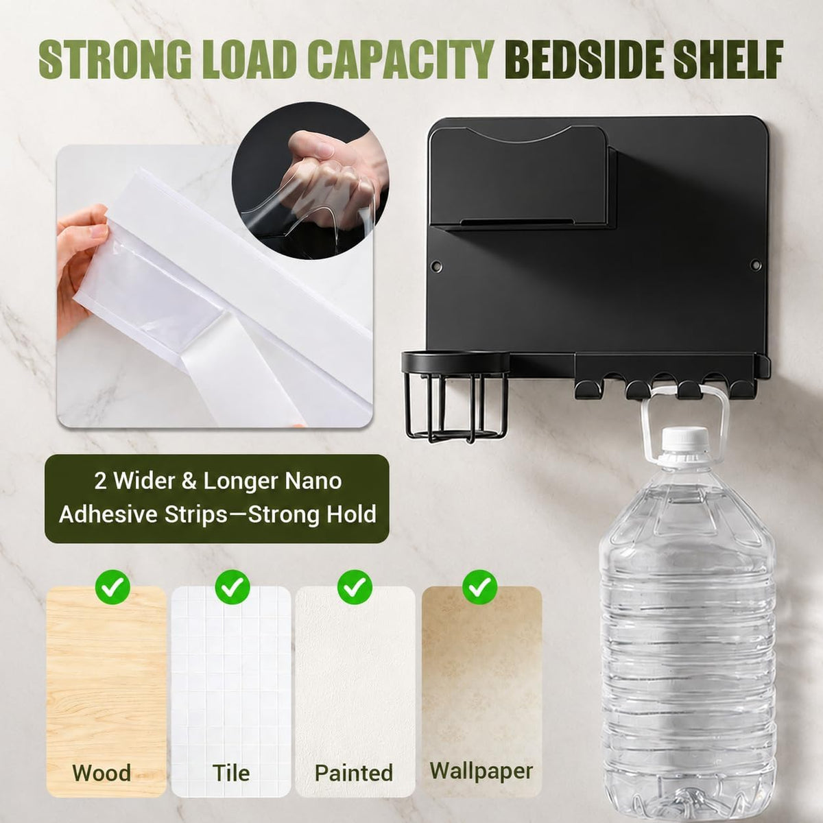 Floating Bedside Wall Shelf, Metal Wall Organizer with Detachable Cup Holde