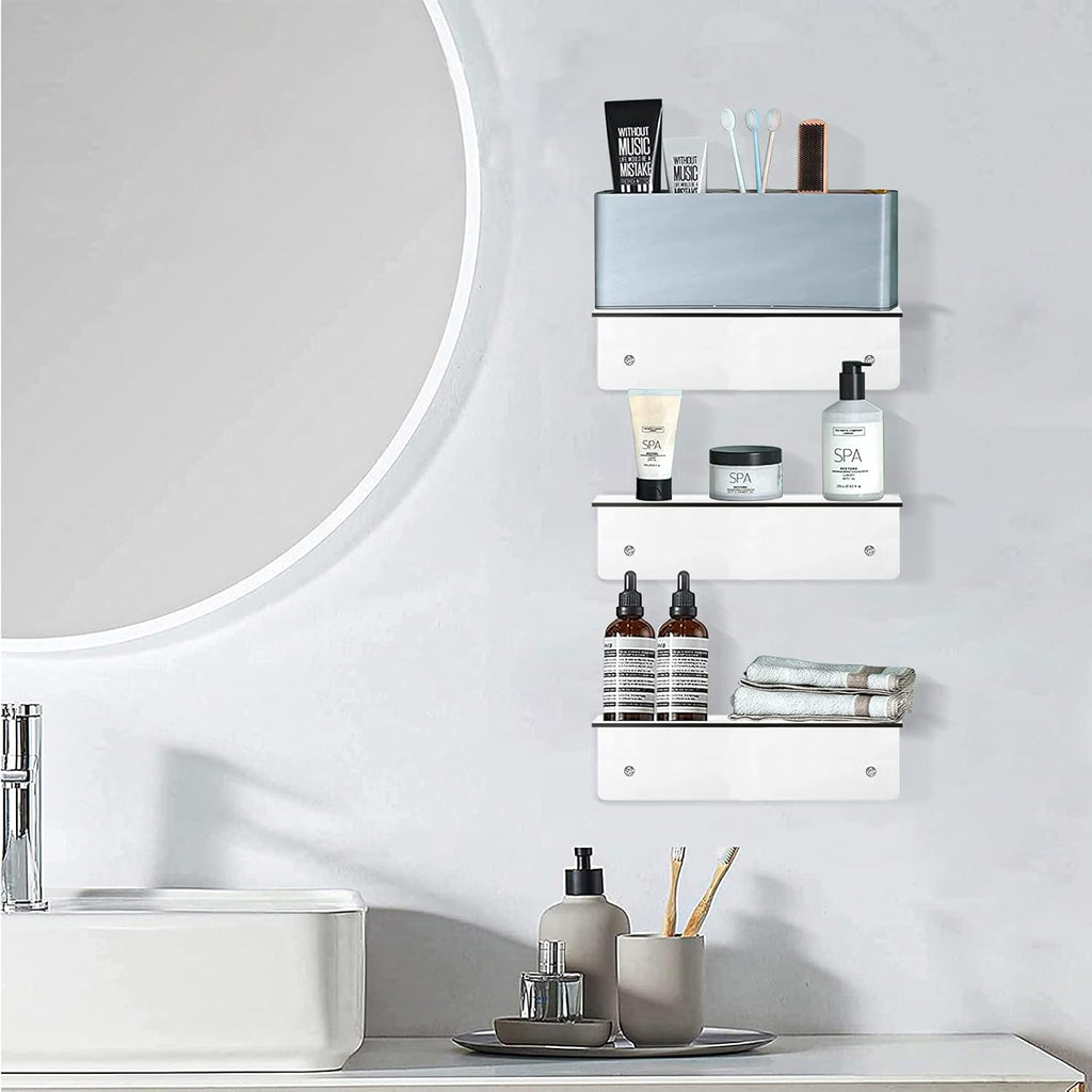 9 Inch Clear Acrylic Floating Shelf, No Drill Adhesive Wall Shelf Set of 2 for Storage, Floating Shelves Damage-Free Expand Wall Space for Living Room, Office, Gaming Room, Bathroom