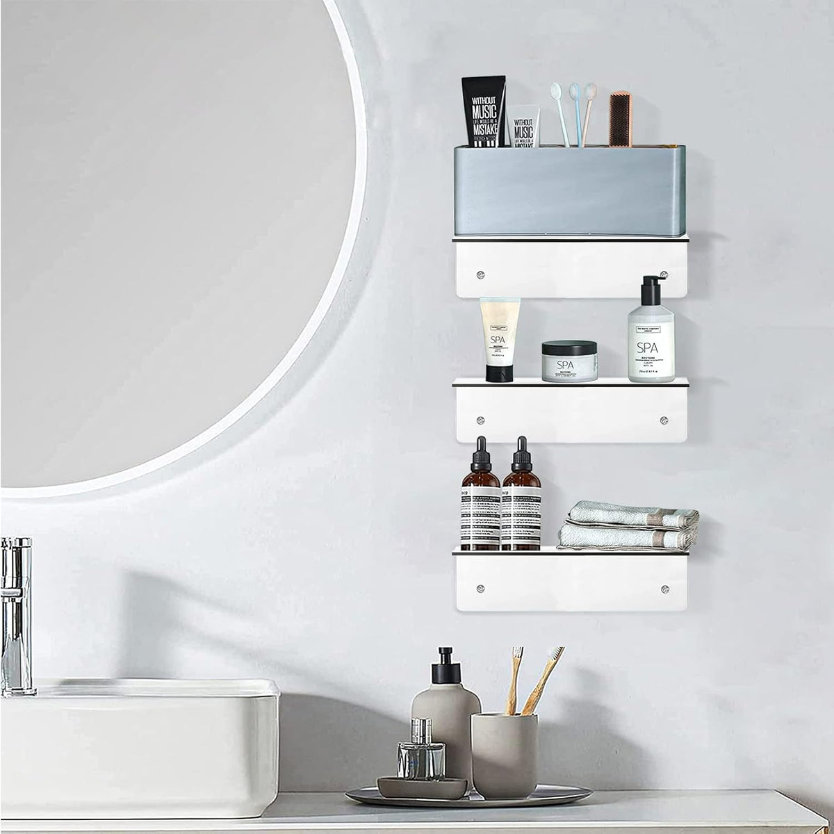 9 Inch Clear Acrylic Floating Shelf, No Drill Adhesive Wall Shelf Set of 2 for Storage, Floating Shelves Damage-Free Expand Wall Space for Living Room, Office, Gaming Room, Bathroom
