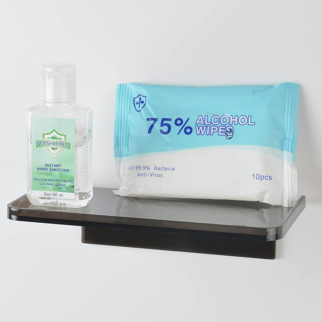 Stick-on Wall Shelf - Small Wall Mounted Adhesive Clear Acrylic Shelf Phone Holder Shelves Wipes Rack for Bathroom,Kitchen,Toilet,Office - Silver (A Set of Screws Included)