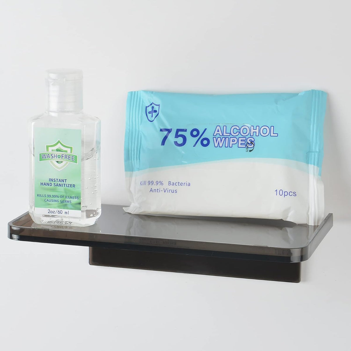 Stick-on Wall Shelf - Small Wall Mounted Adhesive Clear Acrylic Shelf Phone Holder Shelves Wipes Rack for Bathroom,Kitchen,Toilet,Office - Silver (A Set of Screws Included)